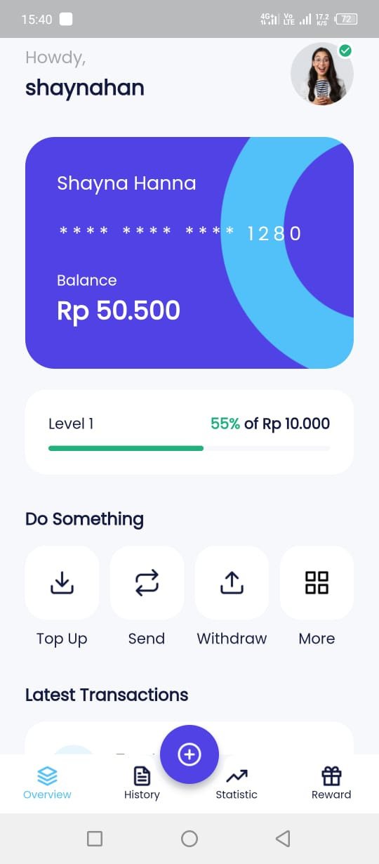 Aplikasi dompet digital dengan saldo dan riwayat transaksi.