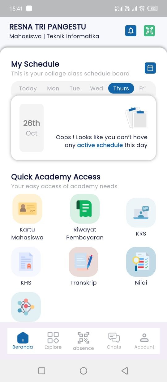 Aplikasi mahasiswa dengan jadwal kuliah dan akses cepat KRS, KHS, dan transkrip.