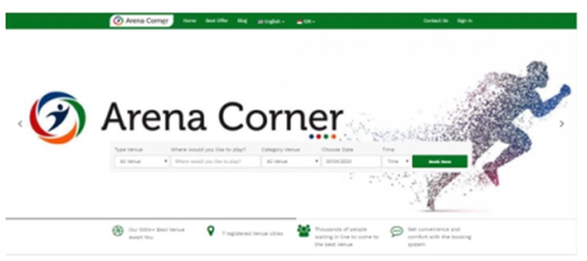 Halaman depan Arena Corner dengan pencarian venue olahraga.
